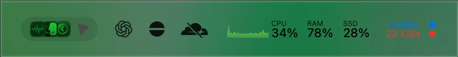 Close-up of the recovered row containing app controls and live CPU, RAM, SSD, and network Stats widgets